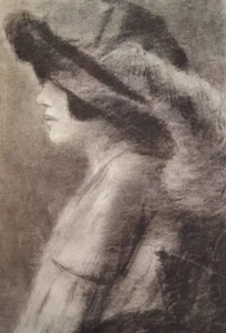 Antique Drawing Pencil Chalk Nude Woman Portrait with hat - Picture 1 of 8