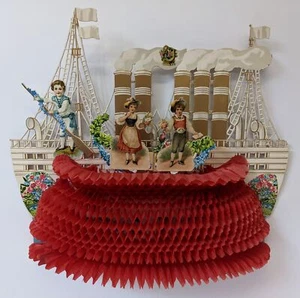 Victorian Antique Vintage Germany Diecut Foldout Boat Ship VALENTINES DAY Card - Picture 1 of 2