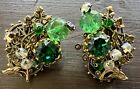 Vintage Miriam Haskell green glass bead gold Flower AB Rhinestone Clip earrings