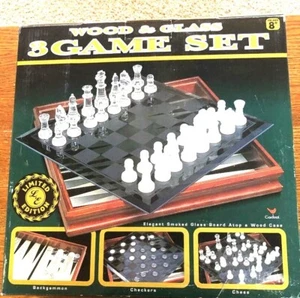Glass and Wood 3 Game Set Chess Checkers Backgammon Complete Cardinal 2001 - Picture 1 of 2