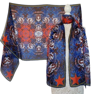 GIVENCHY SCARF FLORAL STARS SIGNATURE PRINT BLUE UNISEX LONG FOULARD 76" x 26" - Image 1 of 4