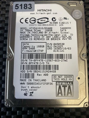 Hitachi 160GB 2.5" 5400RPM SATA Laptop Hard Drive | P/N HTS541616J9SA00 0A50530 - Image 1 of 2