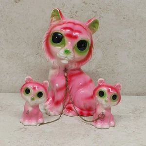 Vintage große Augen Katze Tiger rosa Mutter & Babys Figur Set Keramik Japan - Bild 1 von 24