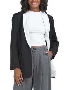 Neu mit Etikett Equipment Femme Quincy Jacke Blazer $ 475 Größe 10 in Schwarz mit weißem Besatz Wolle - Bild 1 von 6