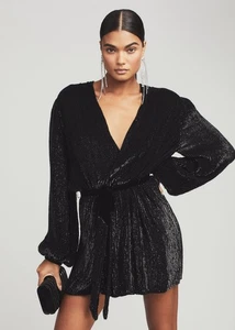 NUEVO CON ETIQUETAS Retrofete Gabrielle Bata Adornada Mini Vestido Talla S Negro Cuello Corbata Cintura - Imagen 1 de 14