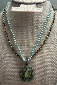 Faux Turquoise Southwest Style Pendant On Beaded Chain Necklace 32-34” Y - Picture 1 of 6