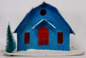 Christmas Putz House Turquoise White Roof Glitter Bottle Brush Tree Japan #38 - Picture 1 of 7