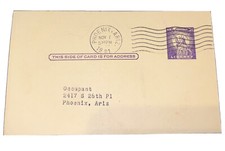 Phoenix, Arizona 1961 GOV. POSTAL CARD used 3 cent purple Liberty postal stamp P