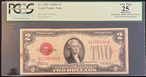 1928 D $2 (D 1776 0304 A) Declaration of Independence Year U.S. LT Miracle Note? Cover