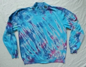 Tie Dye Blue Pink Turtleneck Pullover Sweater - Large Mens Hand Made Cotton - Picture 1 of 5