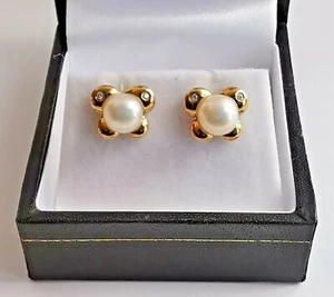 PENDIENTES DIAMANTES PERLAS BLANCAS ORO AMARILLO 9ct 375 forma mariposa 10x8,5mm - Imagen 1 de 12