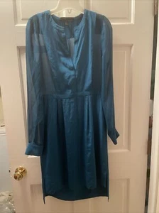 BCBG MAXAZRIA EMINA Moroccan Blue V-Neck Long Sleeve Sheer Top Silk Dress XXS - Picture 1 of 6