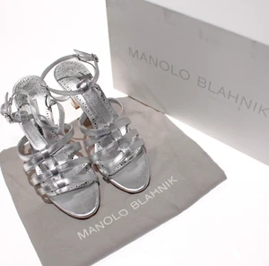 Manolo Blahnik NWB Riranhi Strappy Heeled Sandals Size 37.5 (US 7.5) in Silver - Picture 1 of 12