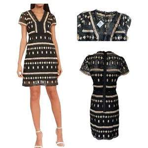 Nanette Lepore elegantes schwarzes Spitzen Minikleid mühelos Geo Etuikleid Gr. 4 - Bild 1 von 11