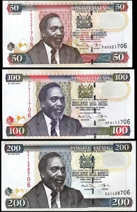 Kenya 3 Pcs SET, 50 100 200 Shillings 2010, UNC, P-47e, P-48e, P-49e - Picture 1 of 6