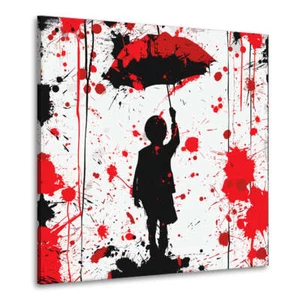 Abstrakt Kind mit rotem Regenschirm Leinwandbild Wandbild Kunstdruck Wanddeko - Bild 1 von 7