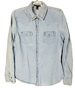 FOREVER 21 LONG SLEEVE DENIM STUDDED SNAP DOWN SHIRT GRUNGE - Picture 1 of 10