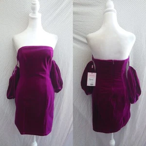 NEW AVEC LES FILLES Strapless PUFF SLEEVE Fuchsia VELVET Body-Con MINI DRESS S - Picture 1 of 6
