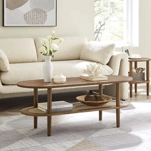 Torus Oval Coffee Table with Rattan Shelf - Picture 1 of 8