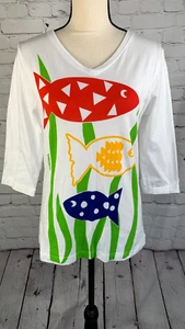 NEW Marushka Hand Printed White Tropical Fish V-Neck T-Shirt 100% Cotton M - Picture 1 of 23