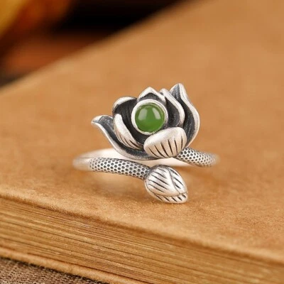 Anello Fiore Di Loto Con Giada Verde Argento Fine 990 Regolabile - Immagine 1 di 4