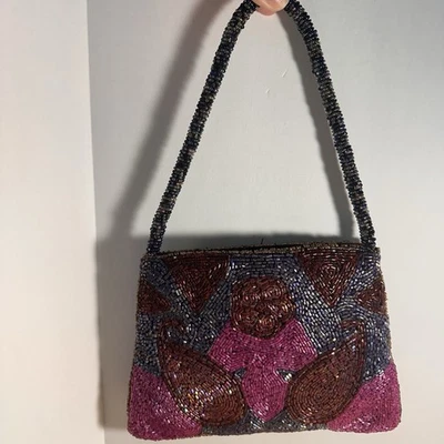 Hermoso Bolso de Mano Ornamentado con Cuentas Patrón Floral Rosa Púrpura Rojo Flor ¡NUEVO! Foto 1 de 4