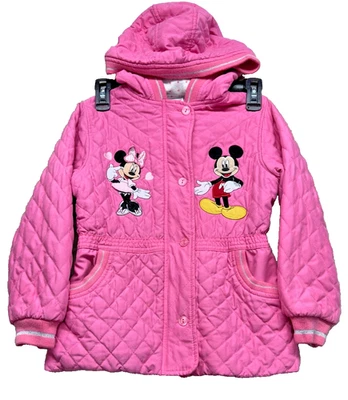 Abrigo De Colección Disney Niñas 8 Rosa Acolchado Mickey Minnie Mouse Botón Capucha Años 90 Y2K Foto 1 de 4