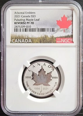 Top Pop 2021 Canadá Plata $3 Hoja de Arce Pulsante Prueba Fraccional NGC PF70 Foto 1 de 3