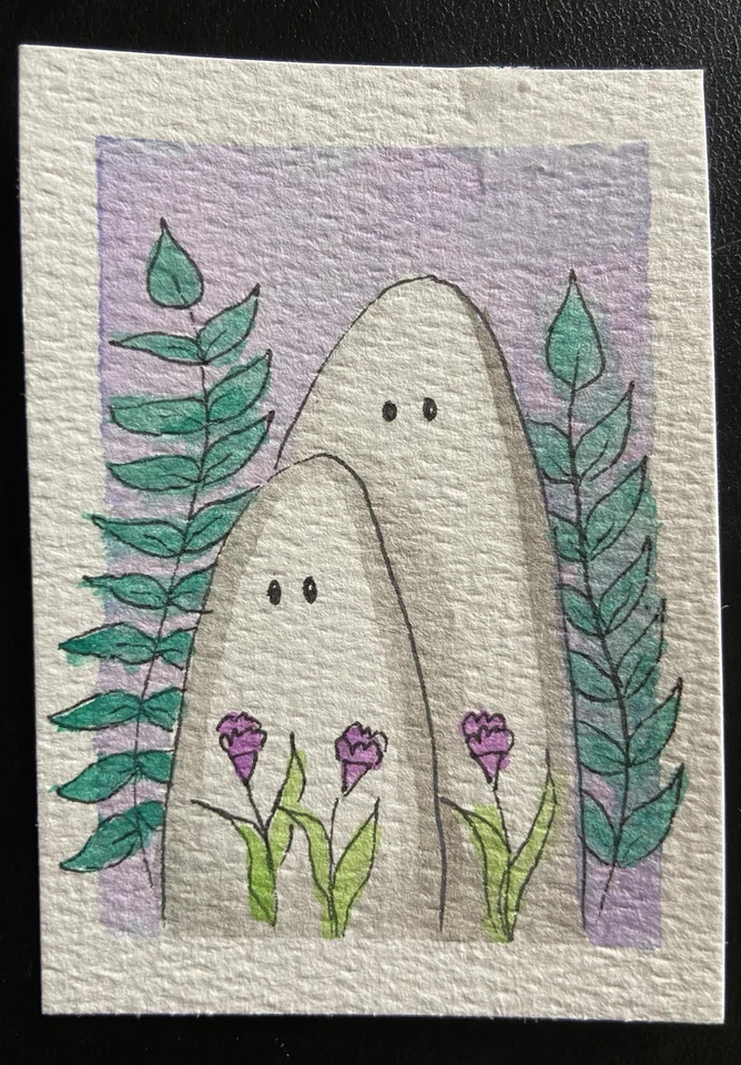 Ghosts with Floral ACEO Original Watercolor and Ink Art Card - Image 1 of 1