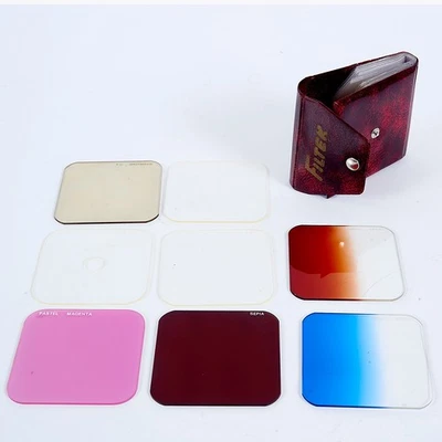 8 COKIN STYLE A SERIES SQ. FILTERS IN A CASE Mix of Cols. Grads & Spots #AD623 - Image 1 of 3