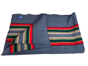 Vintage Pendleton YAKIMA Camp Wool Blanket Gray Red Black Green Stripe 60" X 80" - Picture 1 of 8