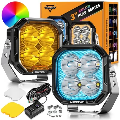 AUXBEAM 3" RGB LED Work Light Bar Pods Spot Driving Lamp for Can-am Polaris ATV - Image 1 of 4