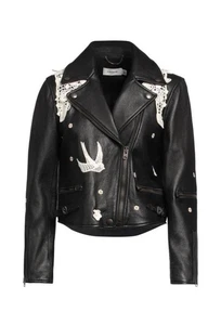 Women's Black Leather COACH Jacket – Size US 10 – Floral and Lace Trim - Picture 1 of 12