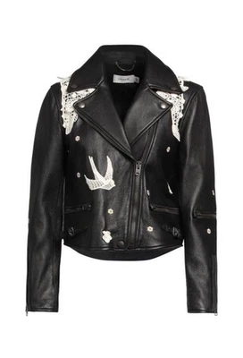 Women's Black Leather COACH Jacket – Size US 10 – Floral and Lace Trim - Image 1 of 4
