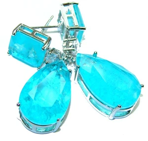 Paraiba Turmalin Ohrringe 18,2ct 925 Sterling Silber Handarbeit blaue Birne Hänger - Bild 1 von 4