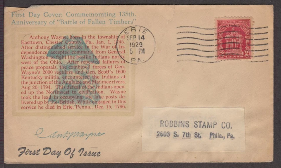 1929 Battle of Fallen Timbers Sc 680-2C E. L. Emeigh premium cachet Erie PA - Image 1 of 1