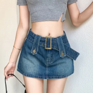 Women Denim Culotte Skirt Shorts with Belt High Waist A-Line Faded Hot Pants - Picture 1 of 12