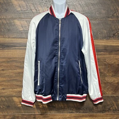 Zara Satin Varsity Bomber Jacket Mens Size XL Blue Full Zip USA Theme - Image 1 of 4