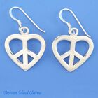 Peace Symbol Heart Love 925 Sterling Silver French Wire Hook Dangle Earrings