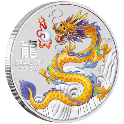 1 oz Silbermünze Jahr des Drachen Yellow Dragon 2024 Melbourne Coin Show Special - Bild 1 von 4