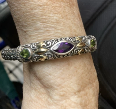 BJC  Bracelet Peridot & Amethyst Silver Wheat Link,  18K / 925  fits 7” Wrist - Image 1 of 4