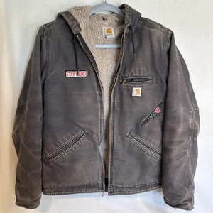 Carhartt Jacket Distressed XS (0/2) Black Sherpa Lined Hooded Outdoor Workwear - Picture 1 of 15