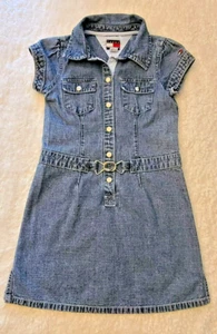 Tommy Hilfiger Denim Blue Jean Dress Girls Sz 5 Buckle Belt Snap Front Logo Y2K - Picture 1 of 6