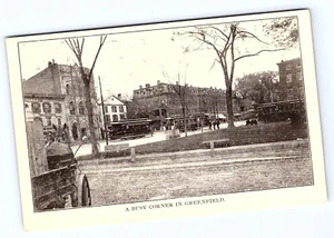 Greenfield Mass Ma Trolleys Busy corner in Greenfield Postcard D153 - Picture 1 of 2