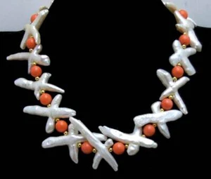 30*60mm Cross Nuclear Natural White Pearl Necklace for Women Pink Coral 17'' - Picture 1 of 5