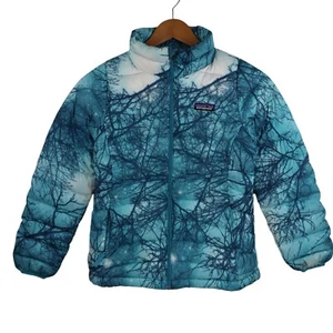 Patagonia Down Sweater Puffer Trees Forest Jacket Girl Kids Medium 10 Youth Blue - Picture 1 of 14