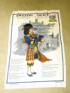 Vtg Scottish Linen Tea Towel Amazing Grace Royal Scots Dragoon Guards Bagpipe - Picture 1 of 4