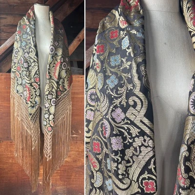 1920-е Настоящая Винтажная Китайская Азиатская Шаль для Фортепиано с Ручной Вышивкой Черное Золото - Изображение 1 из 4