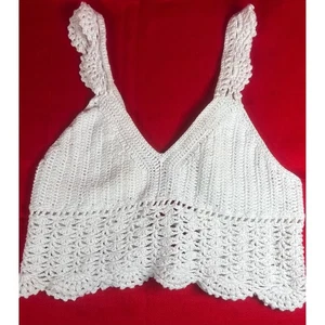 BOHO Crop top all'uncinetto stringato piccolo senza maniche estate festival bianco - Foto 1 di 7