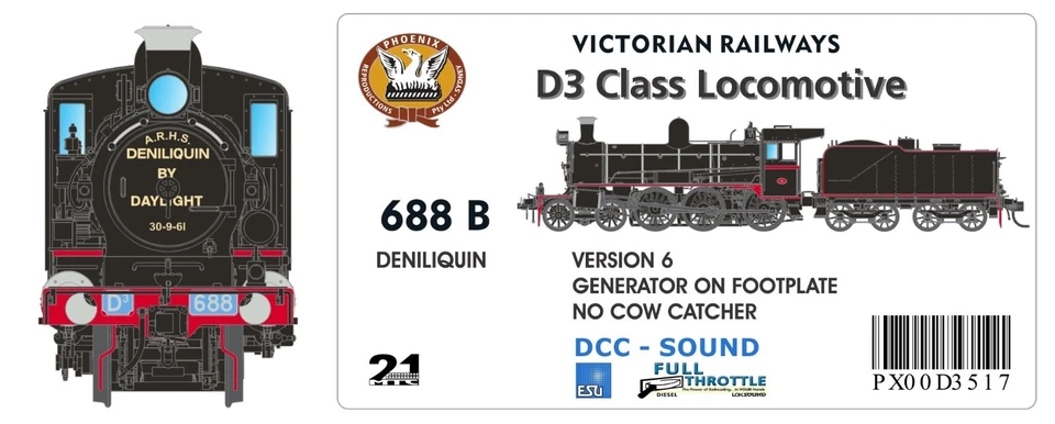 SDS Models VR D3 Steam Locomotive #688 (B) - DCC/Sound, DENILIQUIN - image 1 of 1